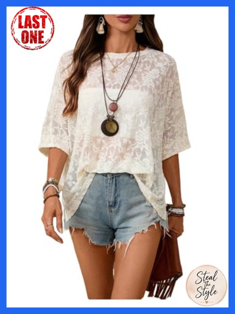 Boho Floral Mesh Lace Short Sleeve Top Tunic Sheer Casual